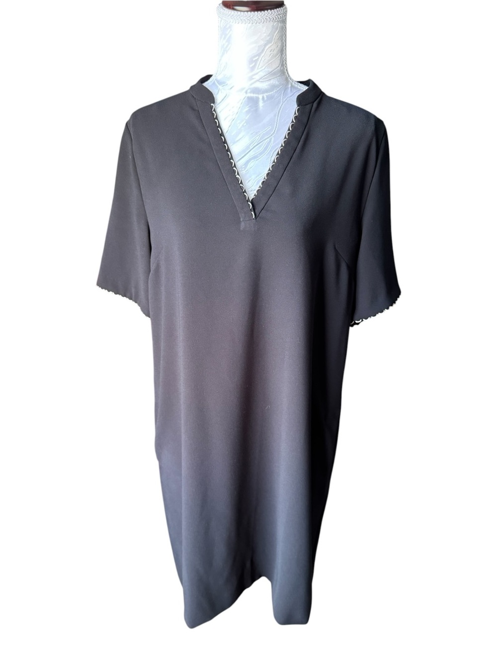Gerard Darel Black Dress with V-Neck Scallop Detail